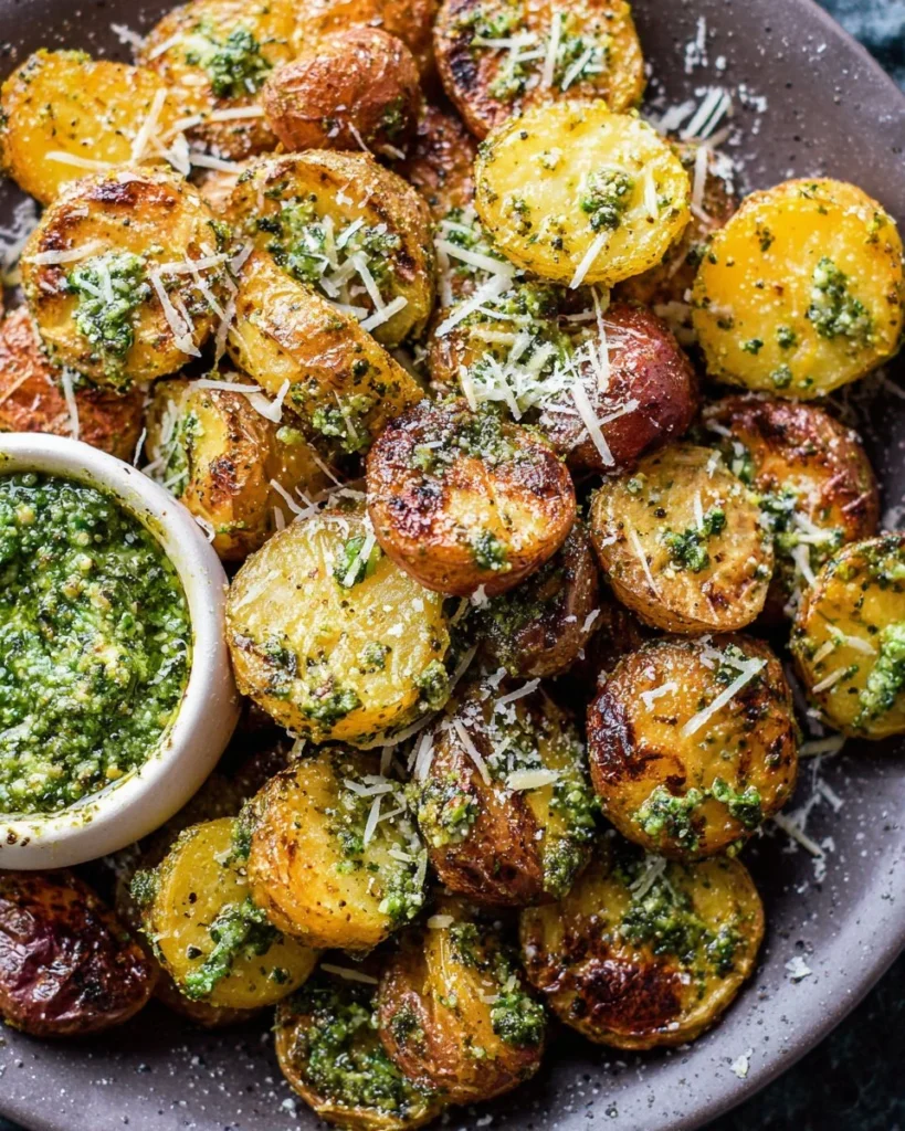Parmesan Pesto Roasted Potatoes garnished and ready to serve.
