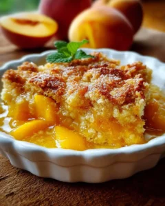 Delicious homemade Peach Cobbler with Fresh Peaches in a baking dish.
