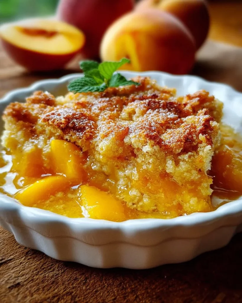 Delicious homemade Peach Cobbler with Fresh Peaches in a baking dish.