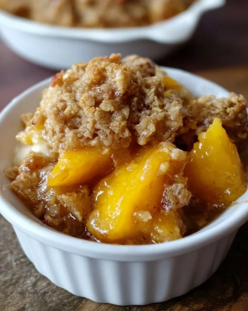Delicious Peach Crisp dessert with fresh peaches and crunchy topping