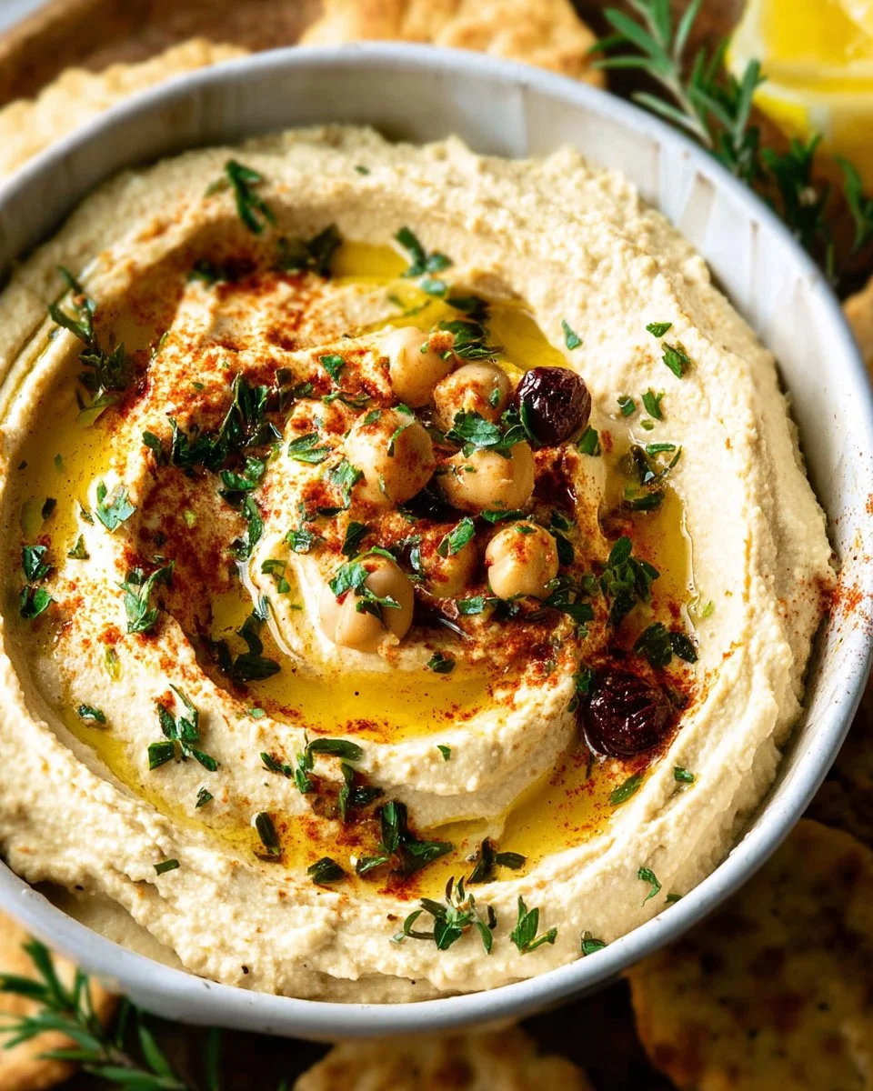 A bowl of quick and easy Mediterranean hummus with pita bread and fresh vegetables