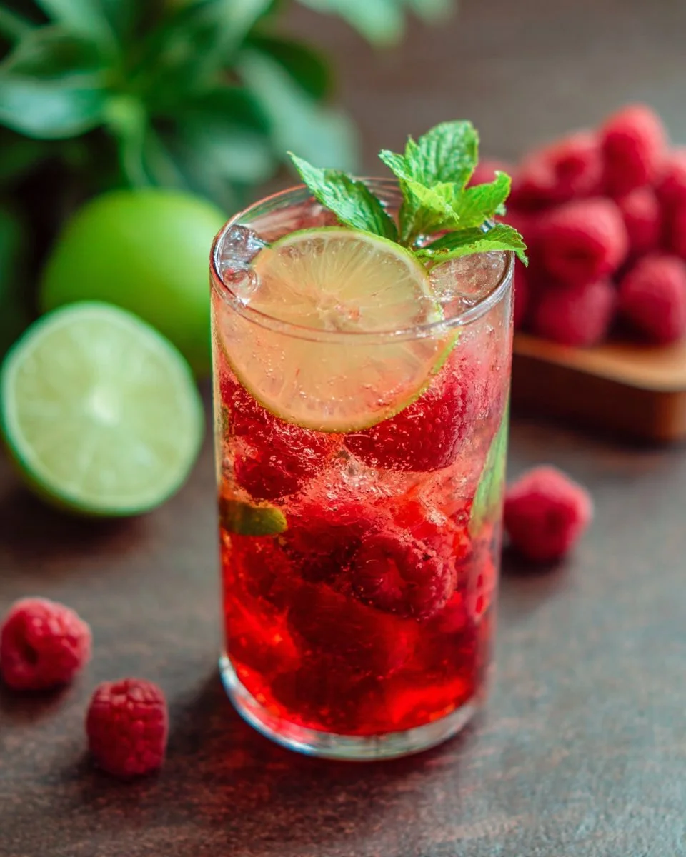 Refreshing Raspberry Mojito cocktail with mint and lime