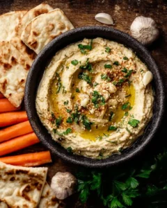 Creamy Roasted Garlic Hummus served with fresh veggies and pita bread.