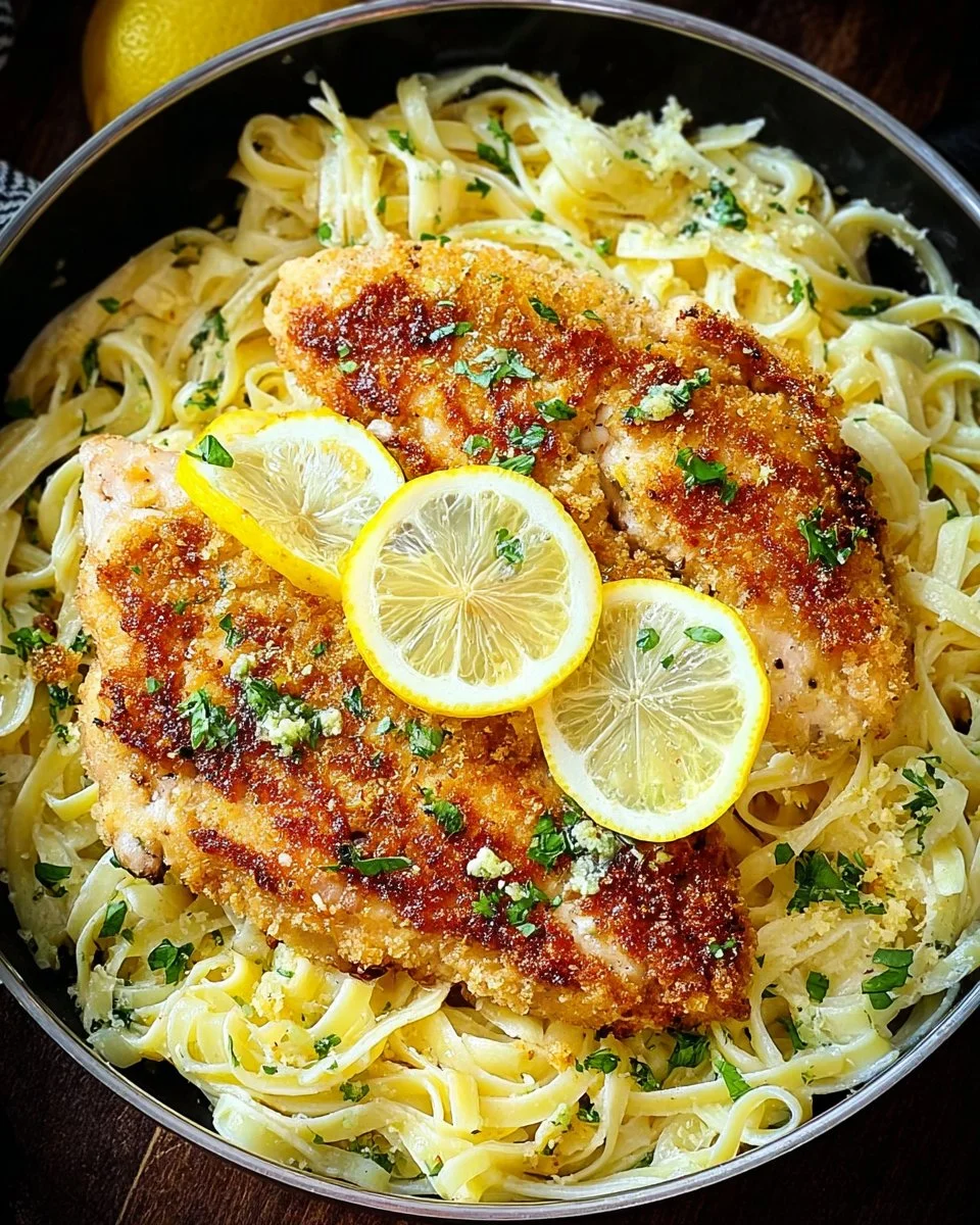 Plate of Romano Chicken with lemon garlic pasta garnished with herbs
