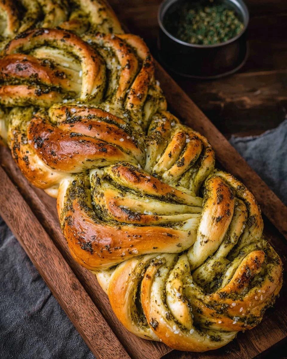 Homemade savory braided pesto bread freshly baked and ready to serve.