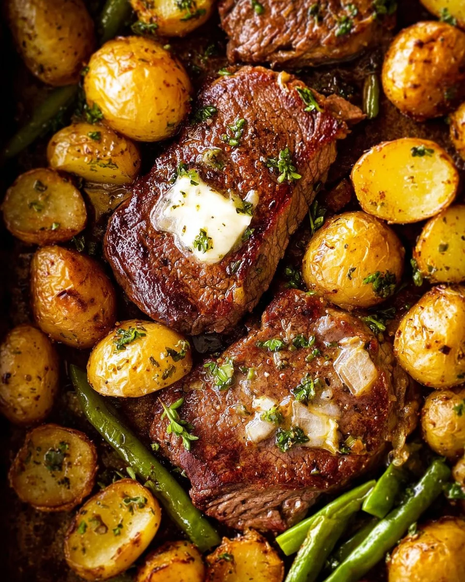 Delicious sheet pan garlic butter steak and roasted potatoes