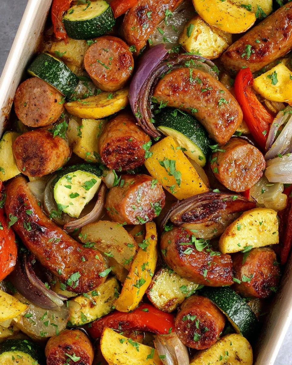 Sheet Pan Sausage and Veggies prepared with colorful vegetables