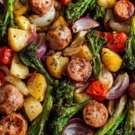 Sheet Pan Sausage and Veggies dish baked on a tray with colorful vegetables