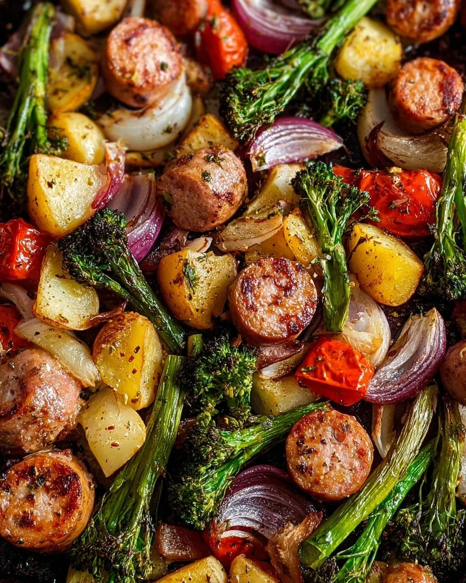 Sheet Pan Sausage and Veggies dish baked on a tray with colorful vegetables