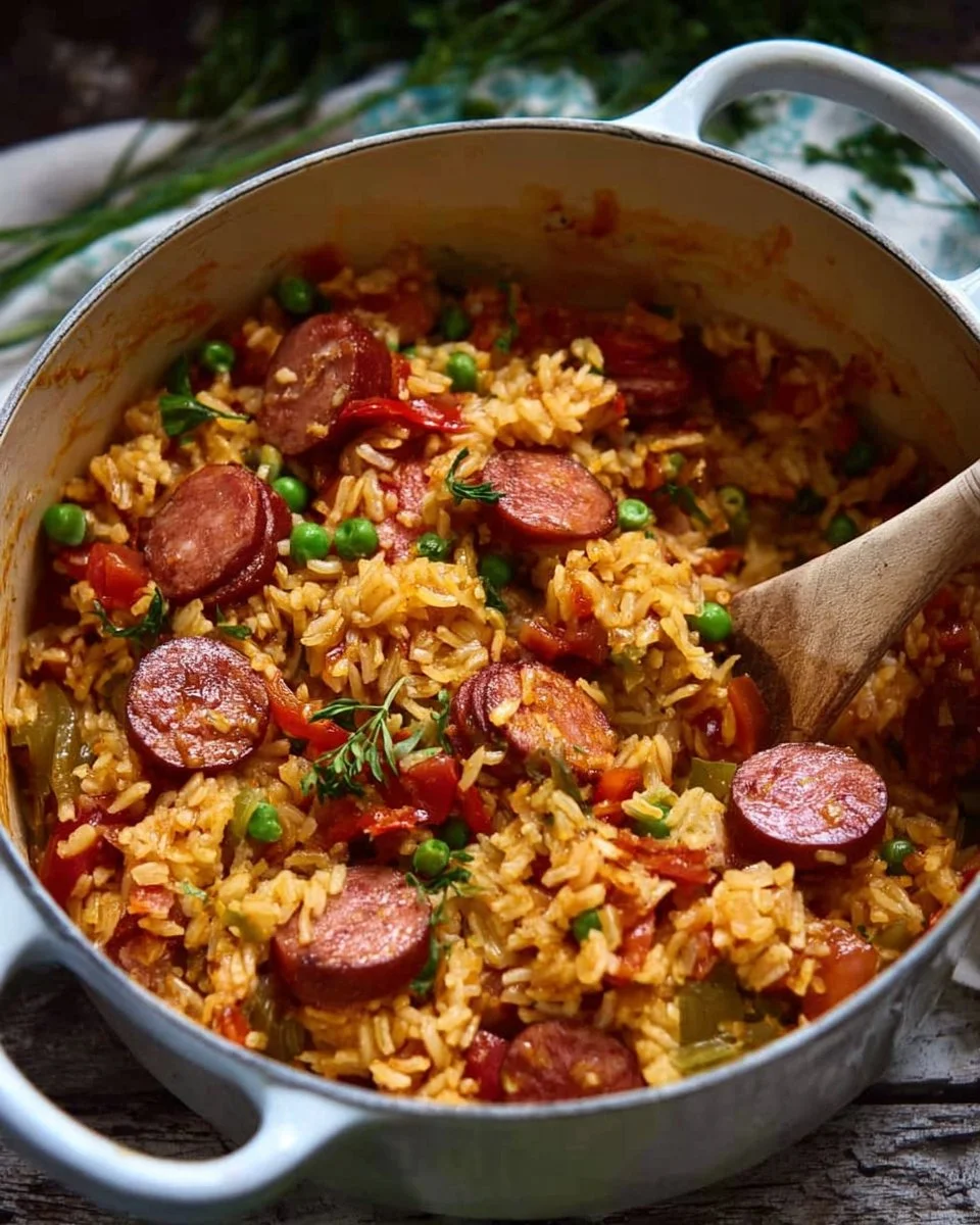 Delicious smoked sausage and rice recipe served in a rustic bowl