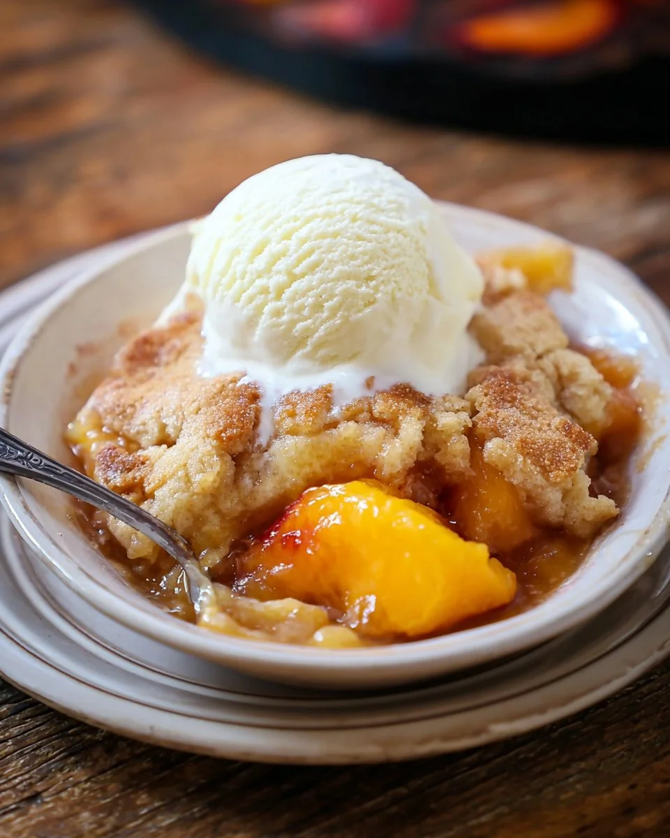 Delicious Southern peach cobbler with golden crust and fresh peaches