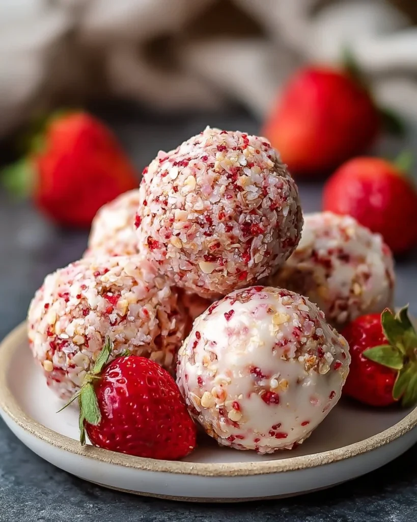 Strawberry Cheesecake Protein Balls on a wooden plate with fresh strawberries