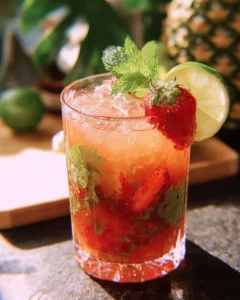 Strawberry Pineapple Mojito cocktail garnished with mint and lime