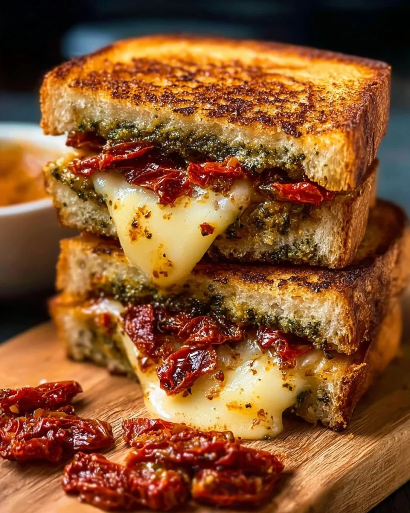 Delicious sun-dried tomato bacon pesto grilled cheese sandwich on a plate.