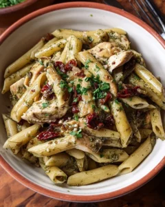 Delicious sun-dried tomato chicken pesto pasta dish garnished with basil.