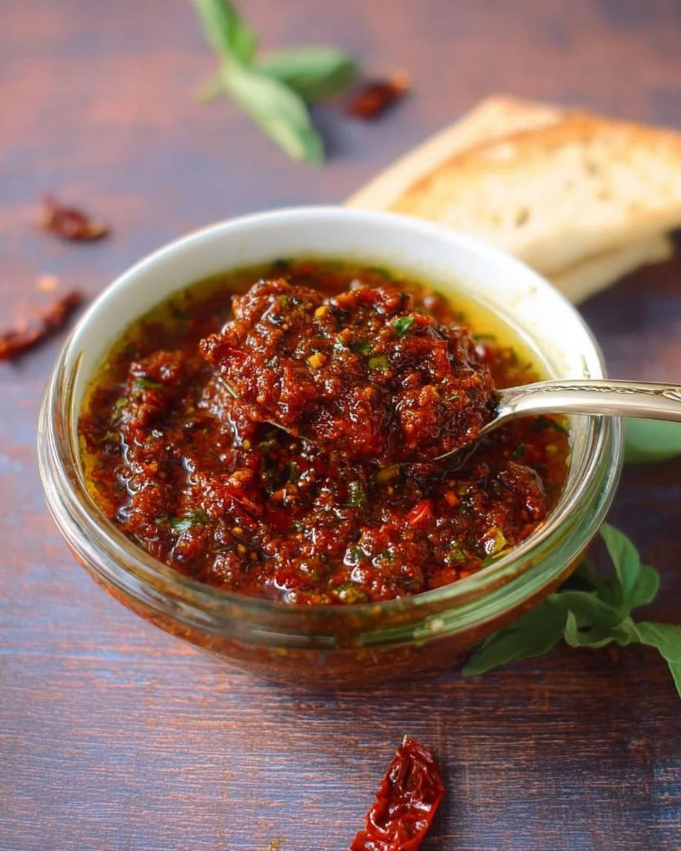 Homemade sun dried tomato pesto sauce in a bowl with fresh basil and pine nuts