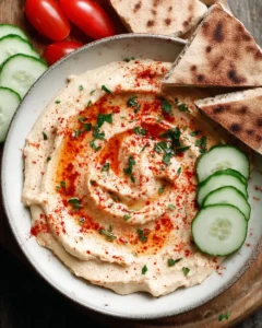A bowl of creamy hummus garnished with olive oil and paprika, served with pita and veggies.
