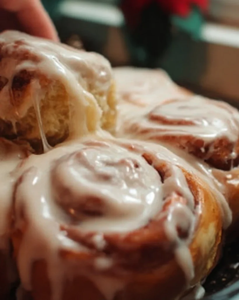 Delicious homemade cinnamon rolls drizzled with icing on a wooden table