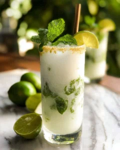 Refreshing Coconut Mojito cocktail served in a glass with mint leaves and lime.