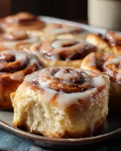 Freshly baked ultimate cinnamon rolls topped with icing