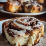Ultimate gooey cinnamon rolls stacked on a plate with icing dripping