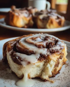 Ultimate gooey cinnamon rolls stacked on a plate with icing dripping