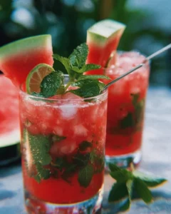 A refreshing watermelon mojito cocktail with mint and lime garnish.