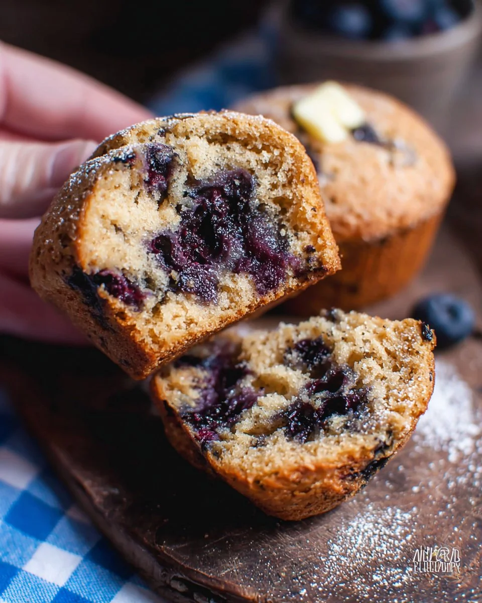 Whole wheat blueberry muffin freshly baked and displayed on a rustic wooden table.