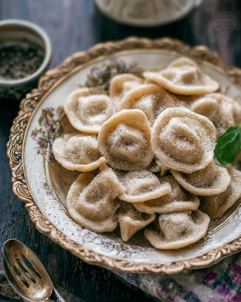 Plate of homemade Whole Wheat Pelmeni with dipping sauce