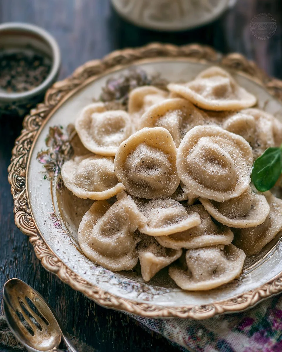 Plate of homemade Whole Wheat Pelmeni with dipping sauce