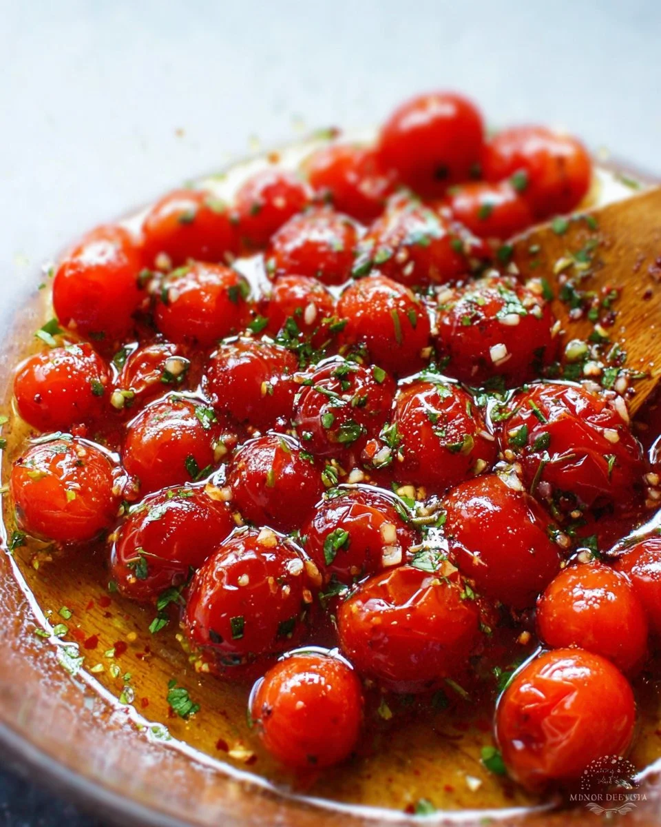Zesty marinated cherry tomatoes in a colorful serving dish