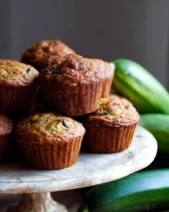 Freshly baked zucchini muffins on a cooling rack.
