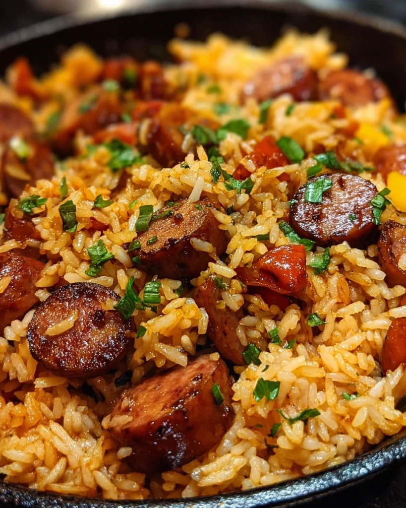 Easy Cajun Sausage and Rice Skillet served hot