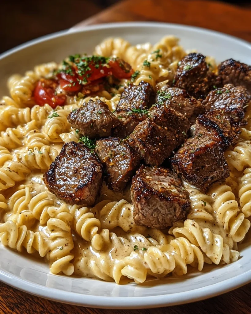 Creamy Garlic Butter Steak Bites with Spicy Cajun Alfredo Twisted Pasta 2 Creamy Garlic Butter Steak Bites Cajun Alfredo Pasta creamy and spicy