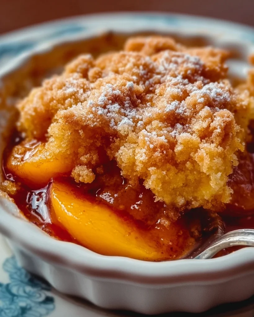 juicy peach cobbler with golden topping
