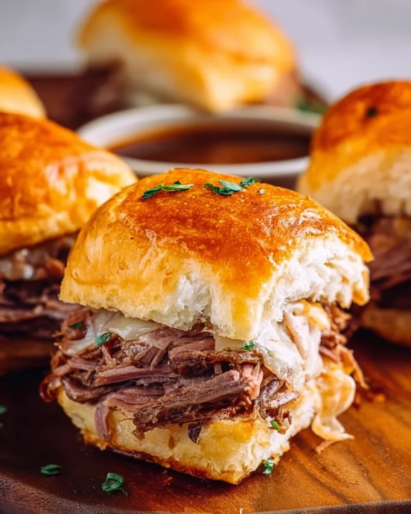 French Dip Sliders 2 French Dip Sliders with Au Jus baked golden