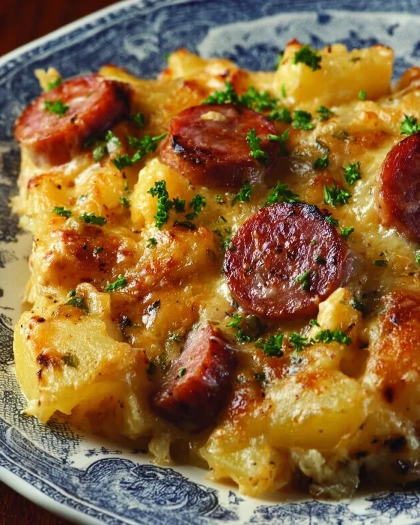 Kielbasa Sausage Cheesy Potato Casserole 2 Easy Kielbasa Sausage Cheesy Potato Casserole served hot