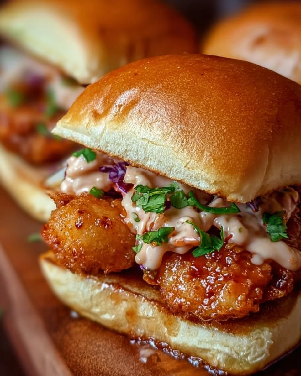 Bang Bang Chicken Sliders served on a plate with fresh garnishes