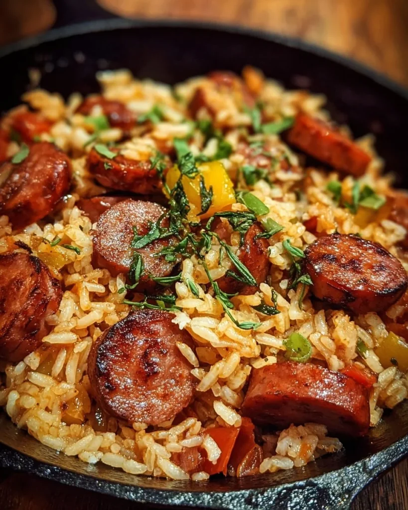 Delicious Cajun sausage and rice skillet dish served in a cast iron pan.