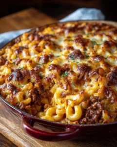 Cheesy Beef Macaroni Bake served in a casserole dish
