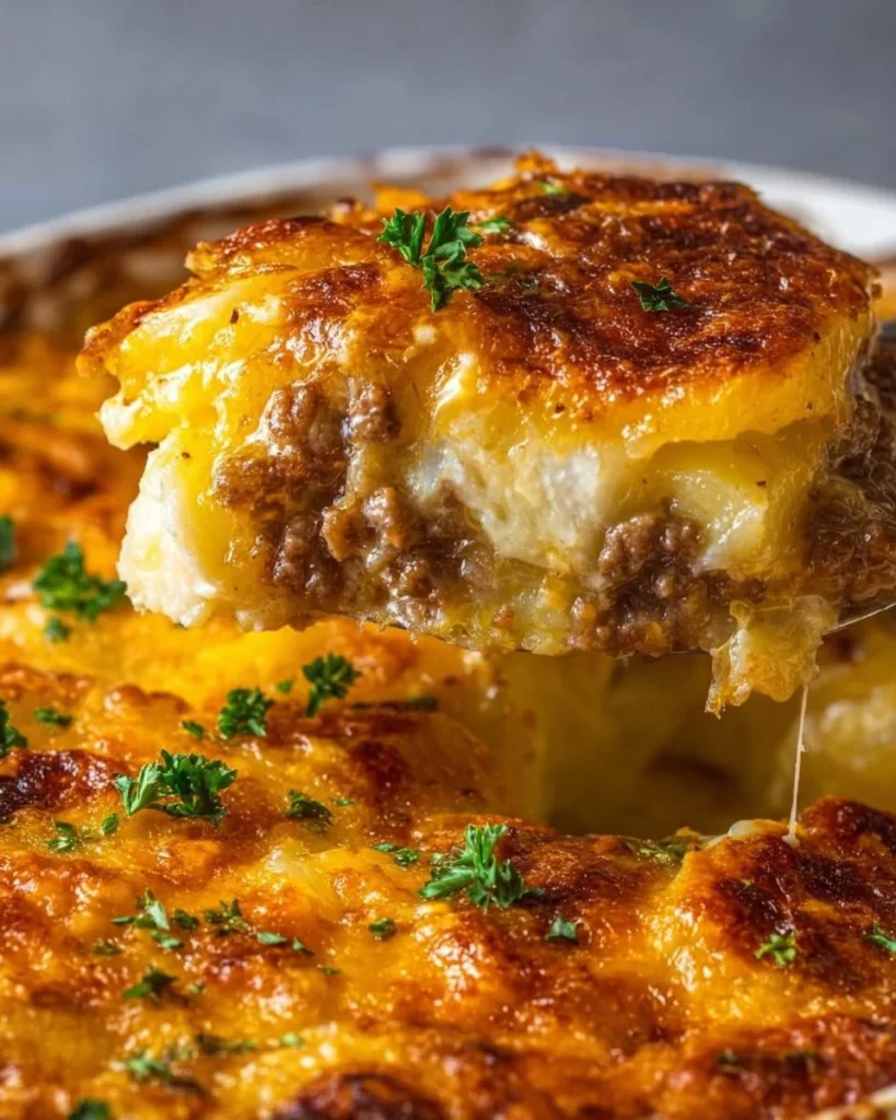 Cheesy Hamburger Potato Casserole topped with melted cheese and garnished with herbs