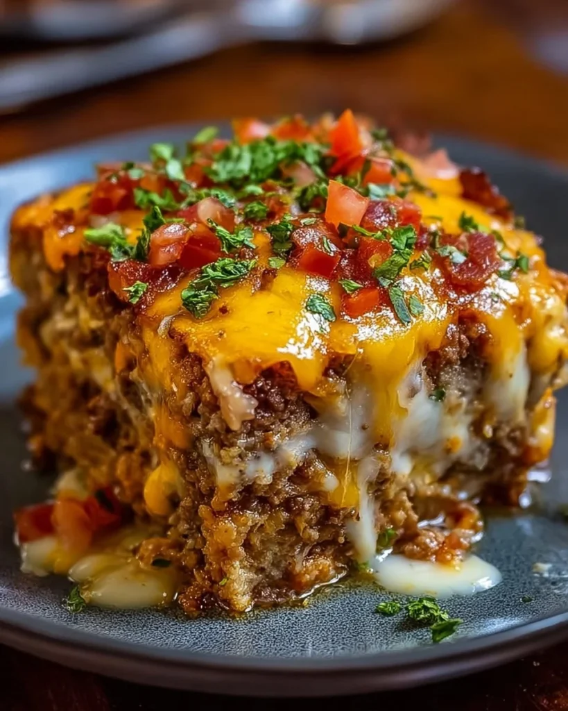 Cheesy Loaded Meatloaf Casserole served in a dish, garnished and ready to eat.
