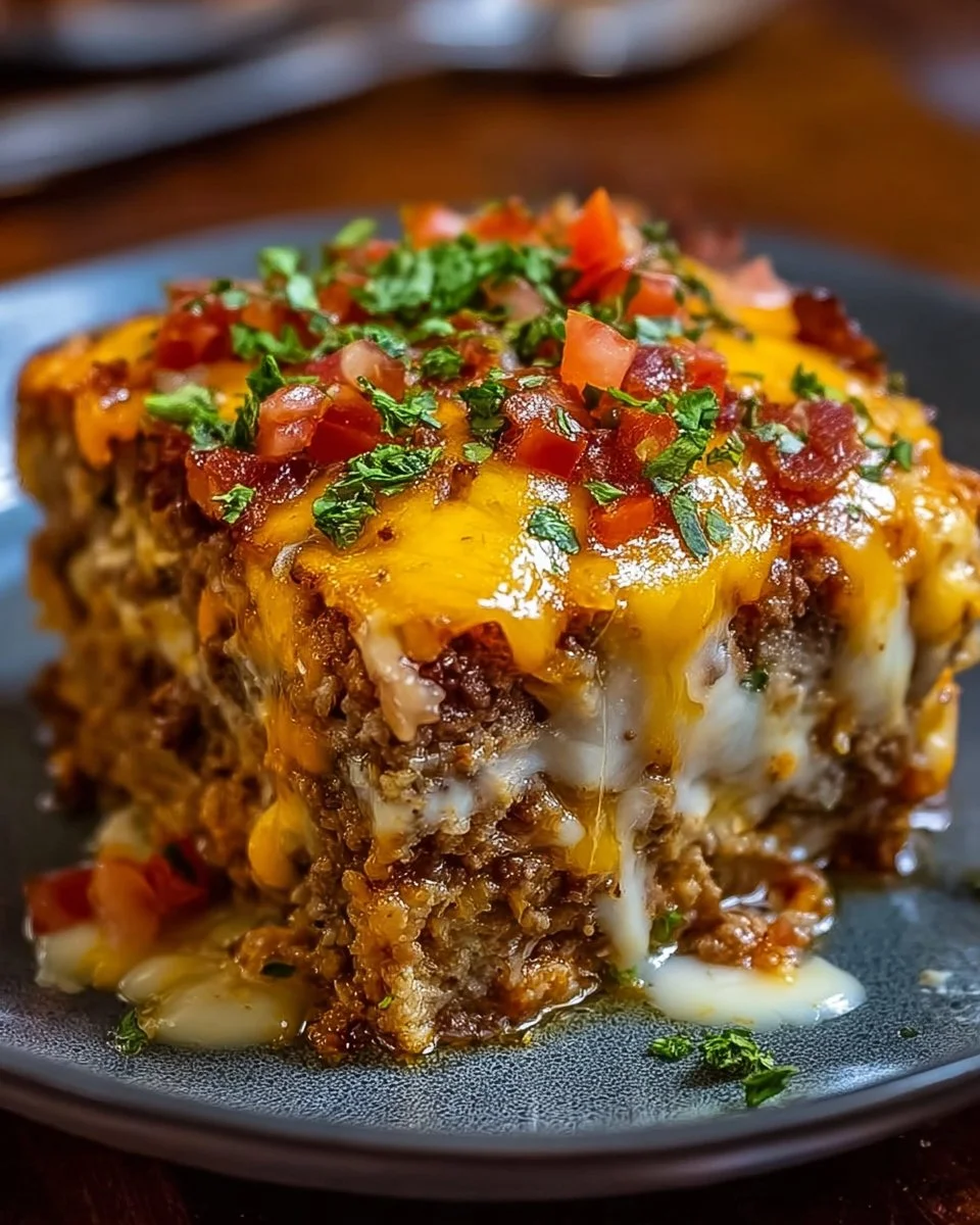 Cheesy Loaded Meatloaf Casserole served in a dish, garnished and ready to eat.