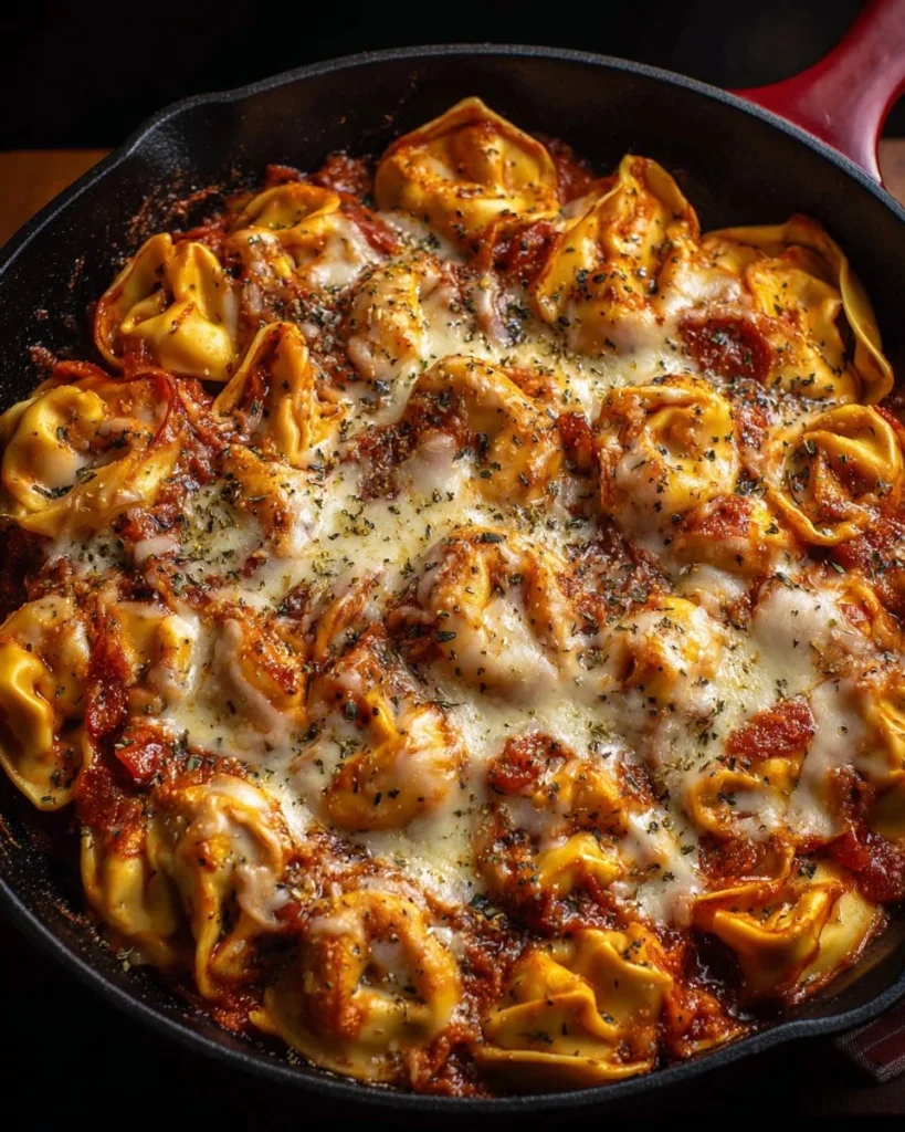 Cheesy Pizza Tortellini One Pan dish with toppings and melted cheese