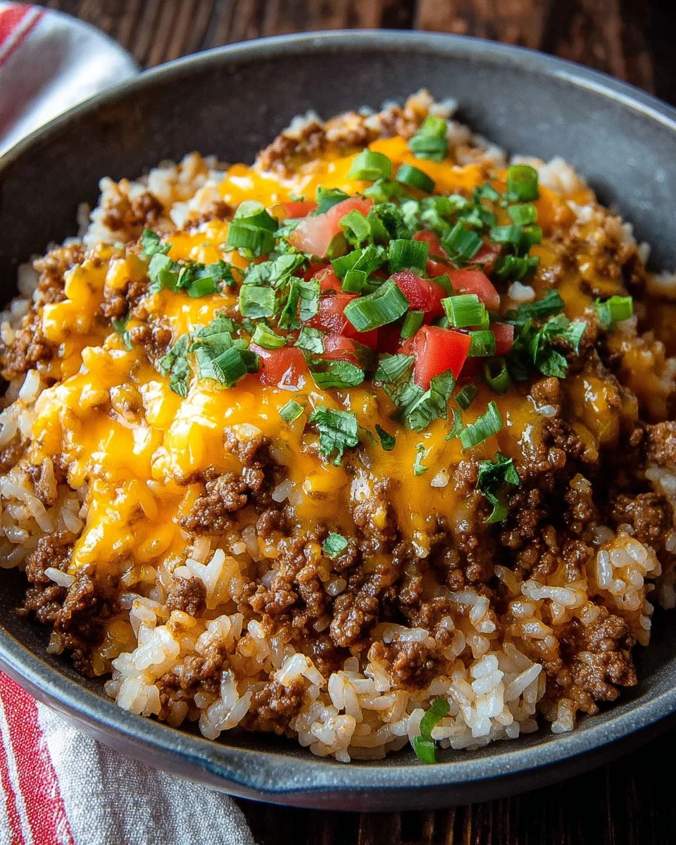 Delicious Cheesy Queso Ground Beef Rice served in a bowl