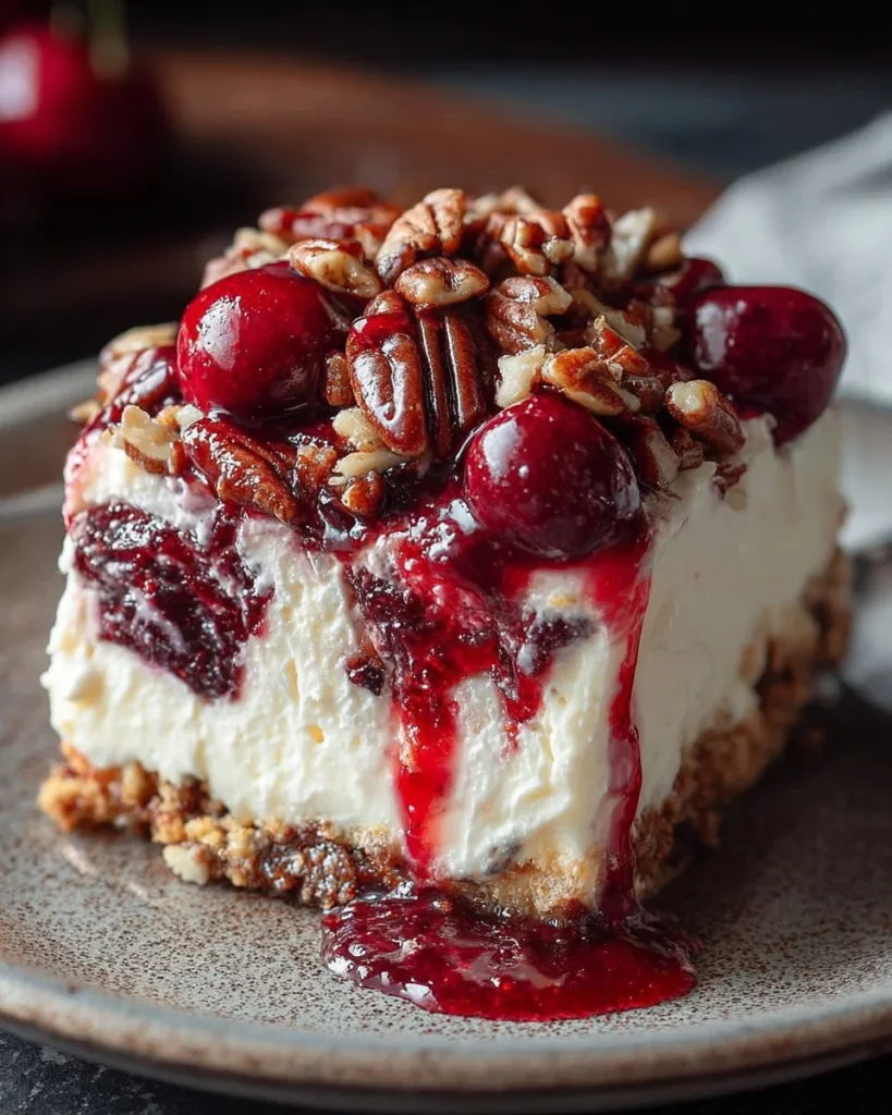 Delicious Cherry Pecan Cheesecake Lush with cherries and pecans