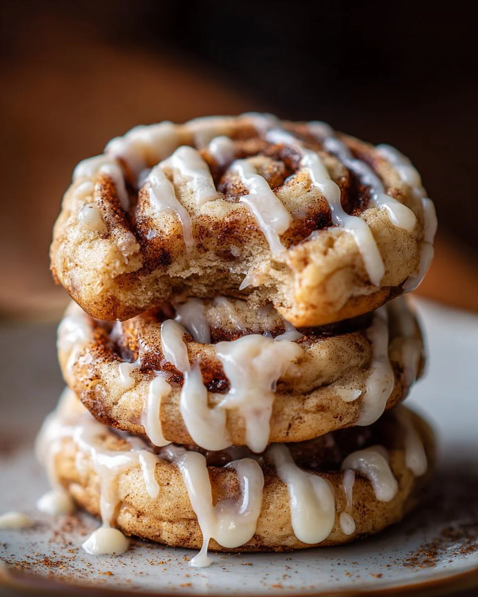 Freshly baked cinnamon roll cheesecake cookies on a plate