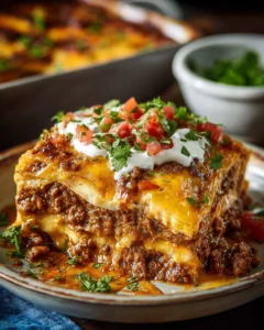 Creamy burrito casserole with layers of ingredients baked to perfection