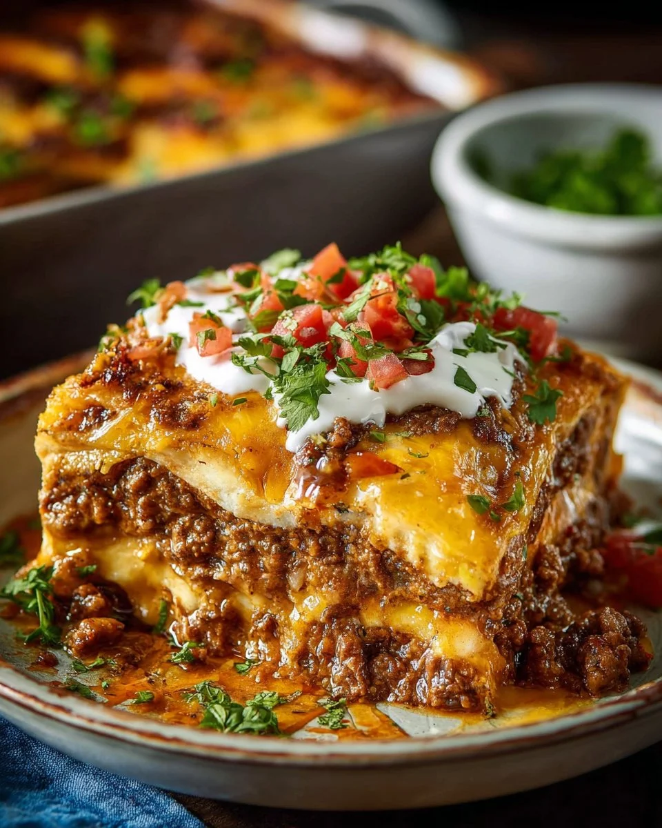 Creamy burrito casserole with layers of ingredients baked to perfection