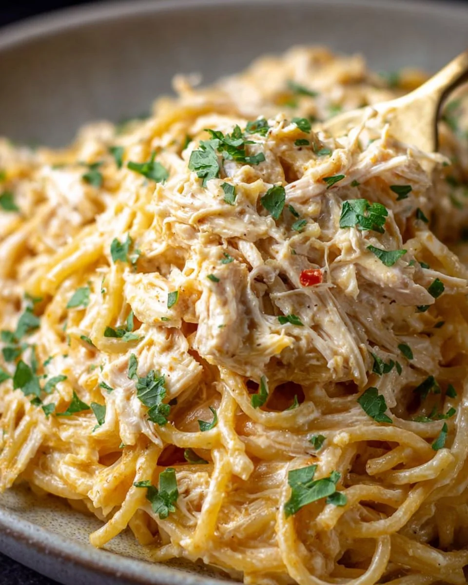 Creamy crockpot chicken spaghetti dish ready to serve